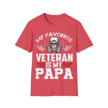 Close-up of the navy Favorite Veteran - Papa unisex T-shirt's sewn neckline and smooth fabric texture seen from a slight