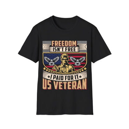 Printify unisex softstyle cotton T-shirt with crew neck, relaxed fit, "Freedom Isn't Free" graphic, black color, DTG print