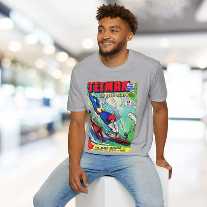 Close-up of the Jetman No.3 T-shirt's relaxed fit embroidered logo on the chest in heather navy cotton blend fabric