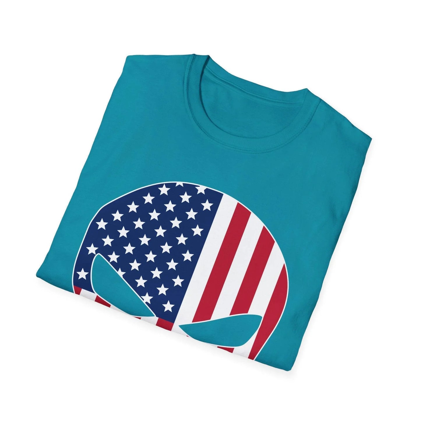 Close-up of the American Skull Flag graphic printed on soft, heather gray crewneck T-shirt’s chest area, showcasing vivid