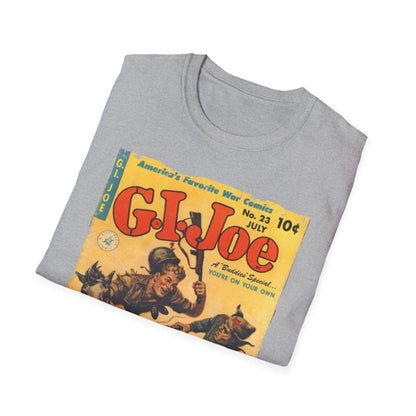 Close-up of the G.I. Joe No.23 unisex softstyle T-shirt’s slim fit, showing vibrant navy color and fine jersey knit texture.