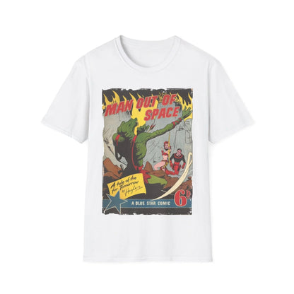 Close-up of the unisex softstyle T-shirt’s neck seam in black cotton, highlighting smooth stitching and relaxed fit details.