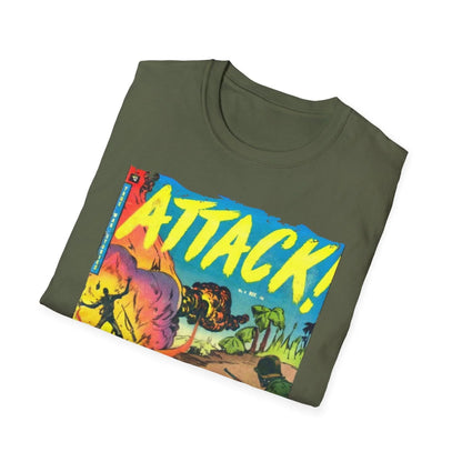 Close-up of the soft cotton fabric showing subtle screen-printed "Attack! Nov 1952" graphic on dark heather gray T-shirt