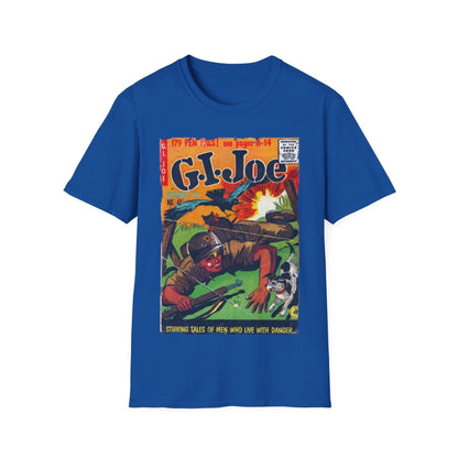 Close-up of the G.I. Joe No.42 softstyle T-shirt's finely ribbed crew neckline and smooth cotton fabric detail from a