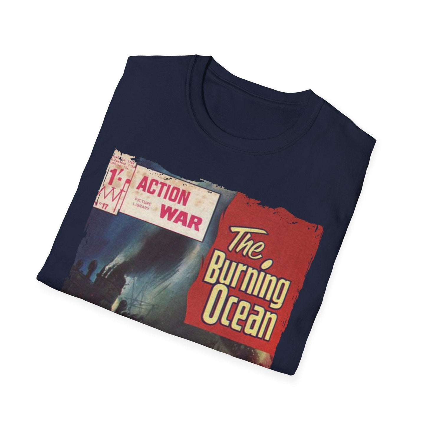 Close-up of the unisex slim fit, heather navy softstyle T-shirt neckline displaying reinforced stitching and subtle textured