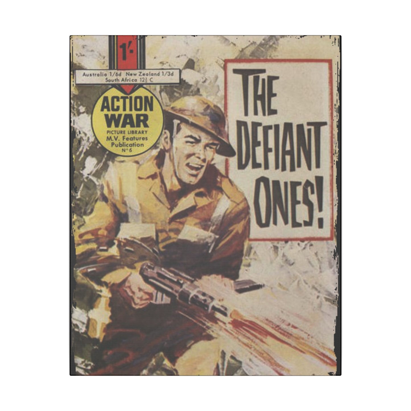 Close-up of the textured canvas surface highlighting the detailed brushstroke finish for Action War #6 book cover display.