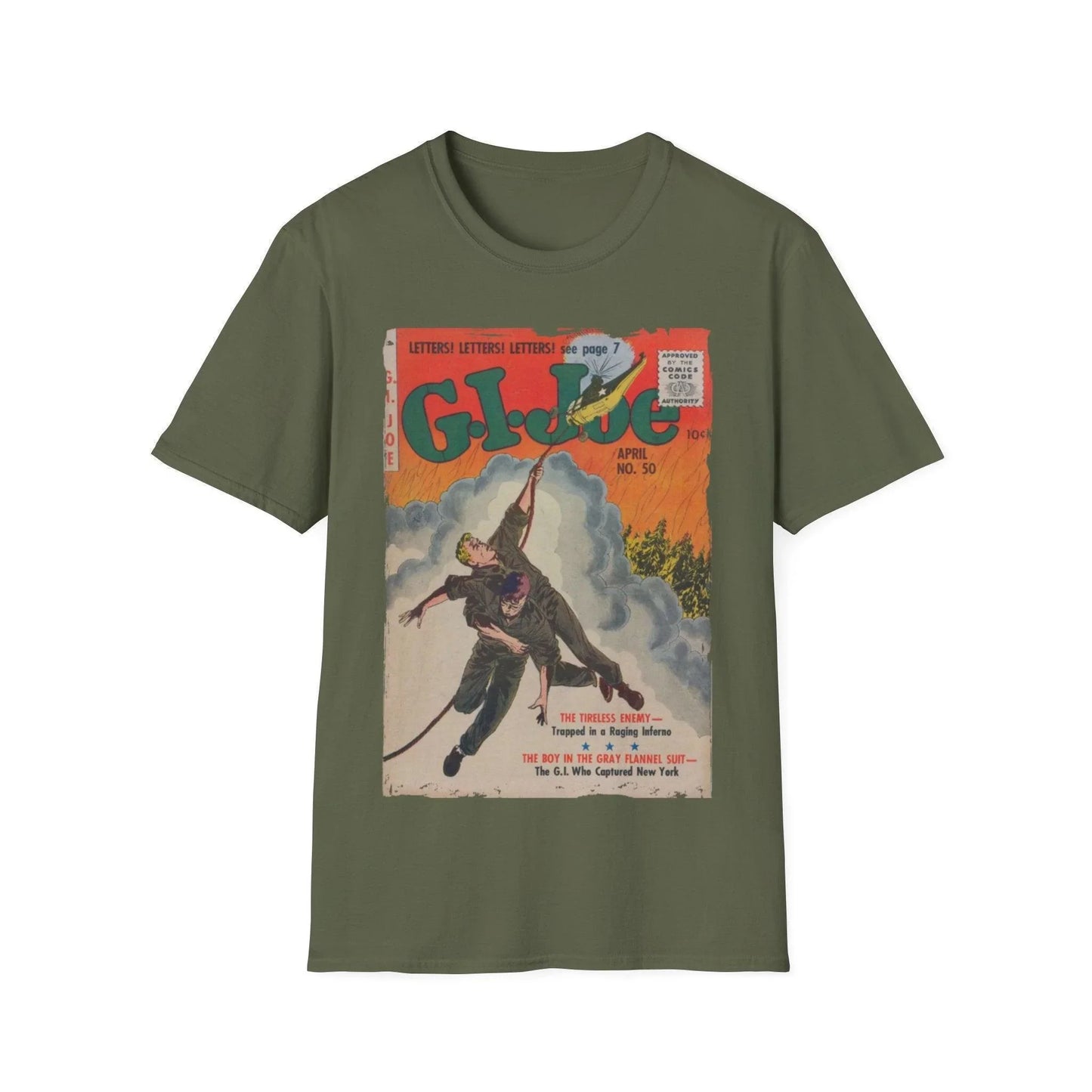 Close-up of G.I. Joe No.50 softstyle T-shirt fabric showing relaxed fit, heather navy color, crew neckline, and short