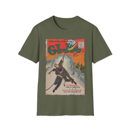 Close-up of G.I. Joe No.50 softstyle T-shirt fabric showing relaxed fit, heather navy color, crew neckline, and short