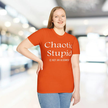 Close-up of the white crew neck neckline and softstle fabric texture revealing smooth, relaxed fit on the unisex T-shirt.