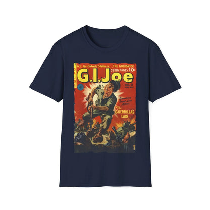 Close-up of the G.I. Joe No.11 Apr unisex softstyle T-shirt’s neck标签 showing fabric composition and stitching details