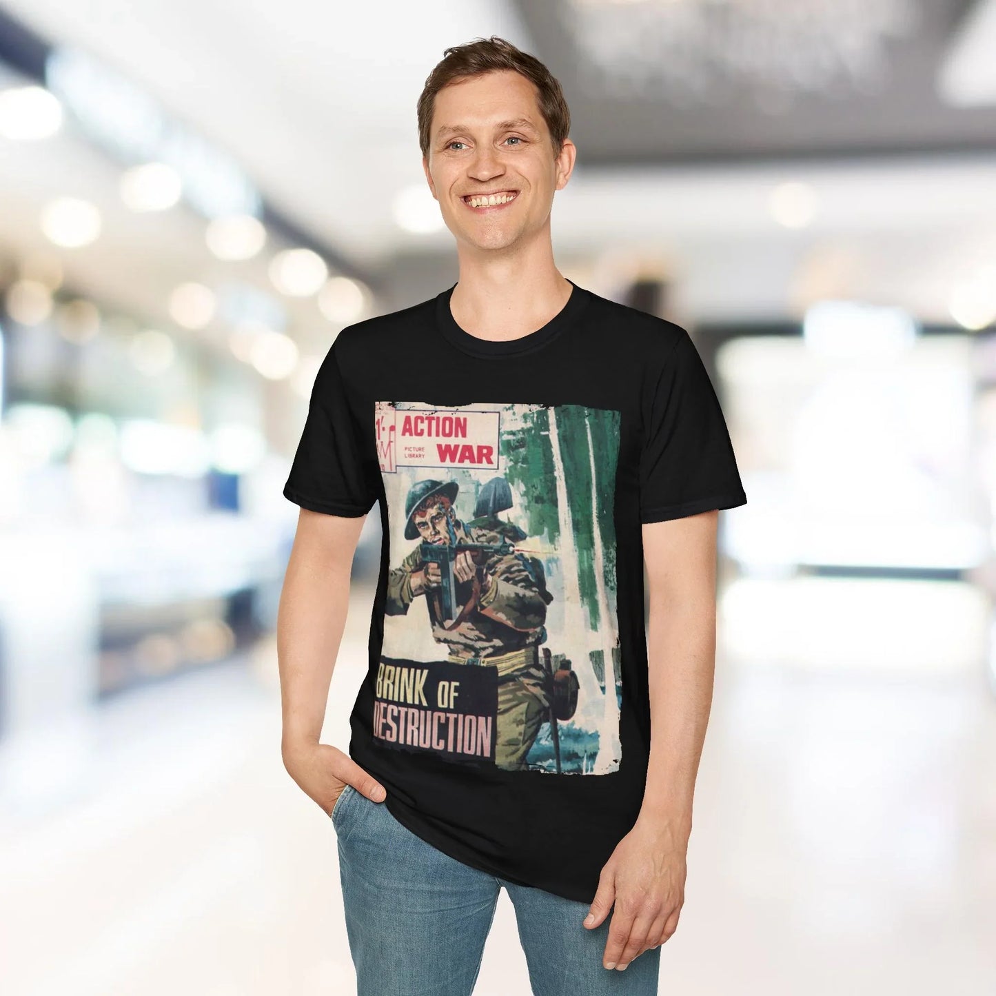 Close-up of the unisex softstyle T-shirt's bright red fabric displaying subtle heather texture and reinforced neckline