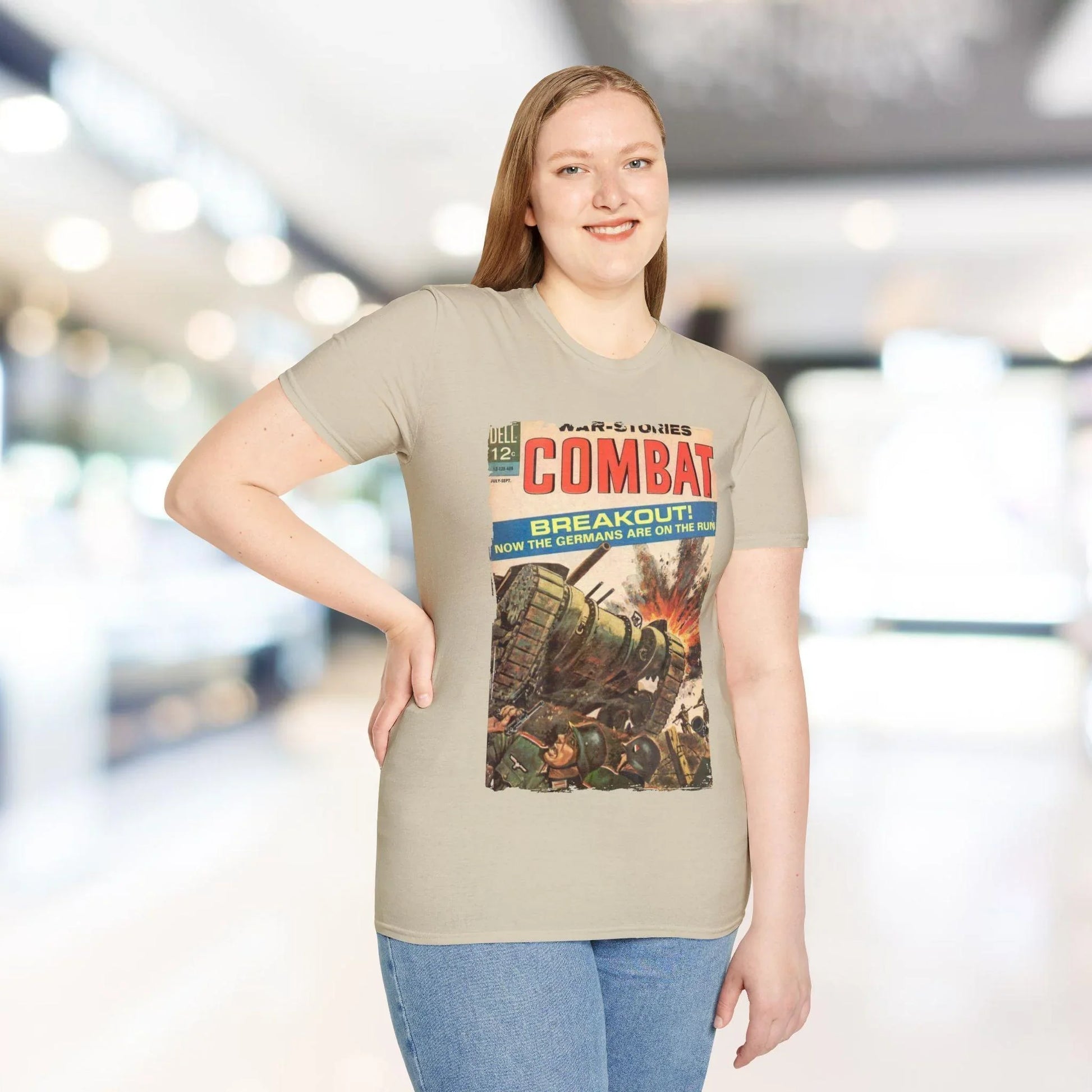 Close-up of the Combat Sept 1964 unisex softstyle T-shirt's fabric weave and subtle heather texture in classic black color.