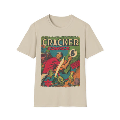 Close-up of the Cracker 1943 T-shirt’s woven fabric texture and subtle heathered navy color from a front-angle view.