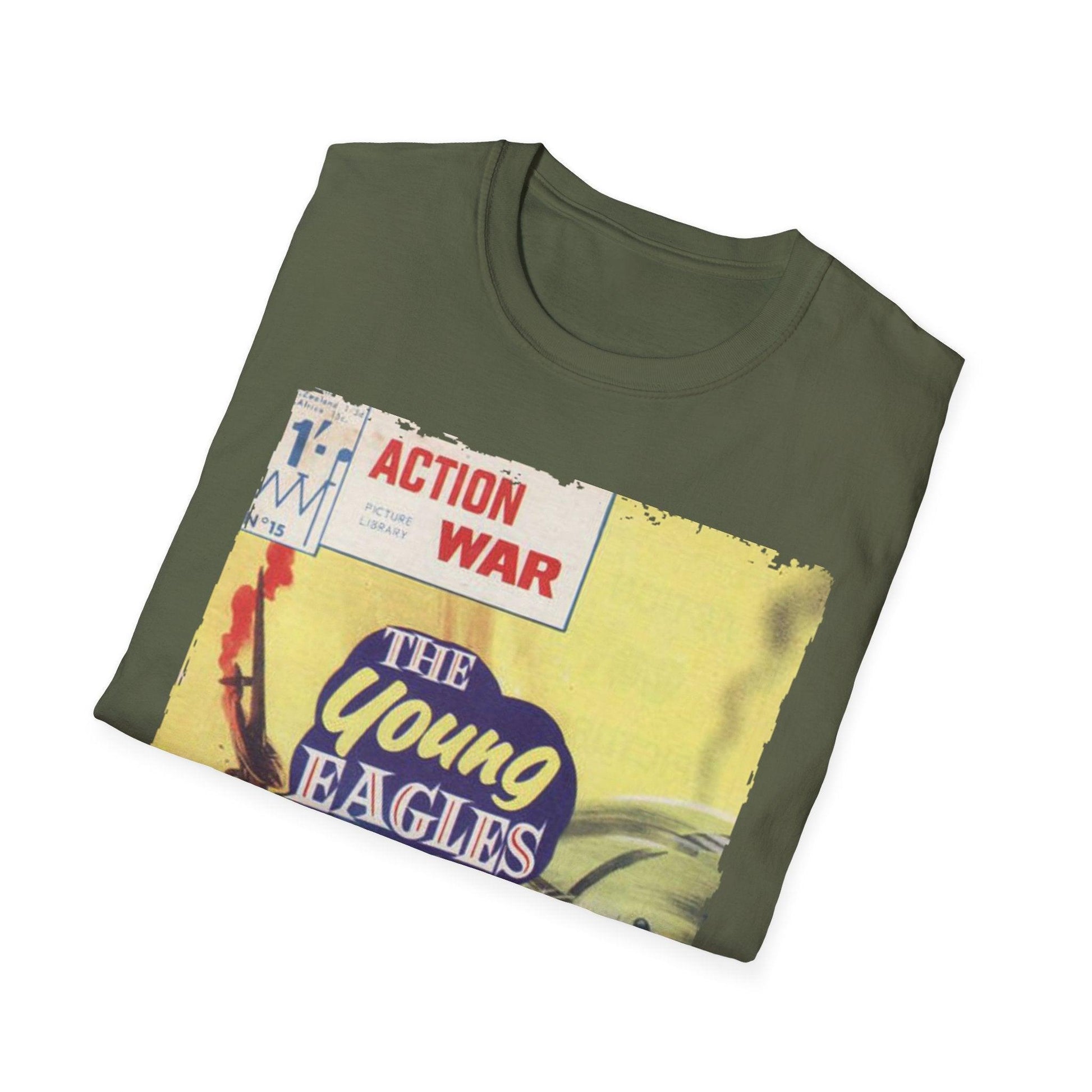 Close-up of the unisex softstyle T-shirt collar showing the smooth stitching and fabric texture in vibrant navy blue