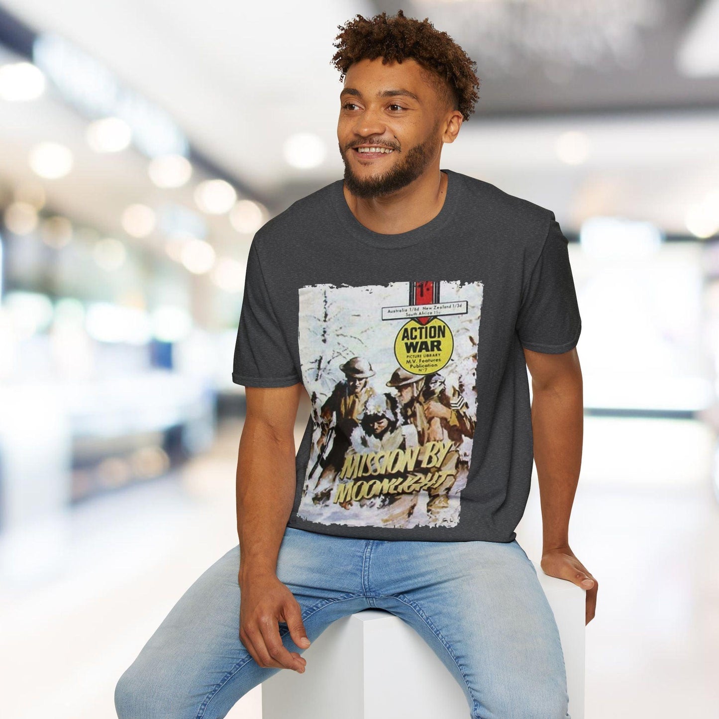 Close-up of the unisex slim fit T-shirt fabric showing soft cotton blend texture in heather gray with subtle knit details