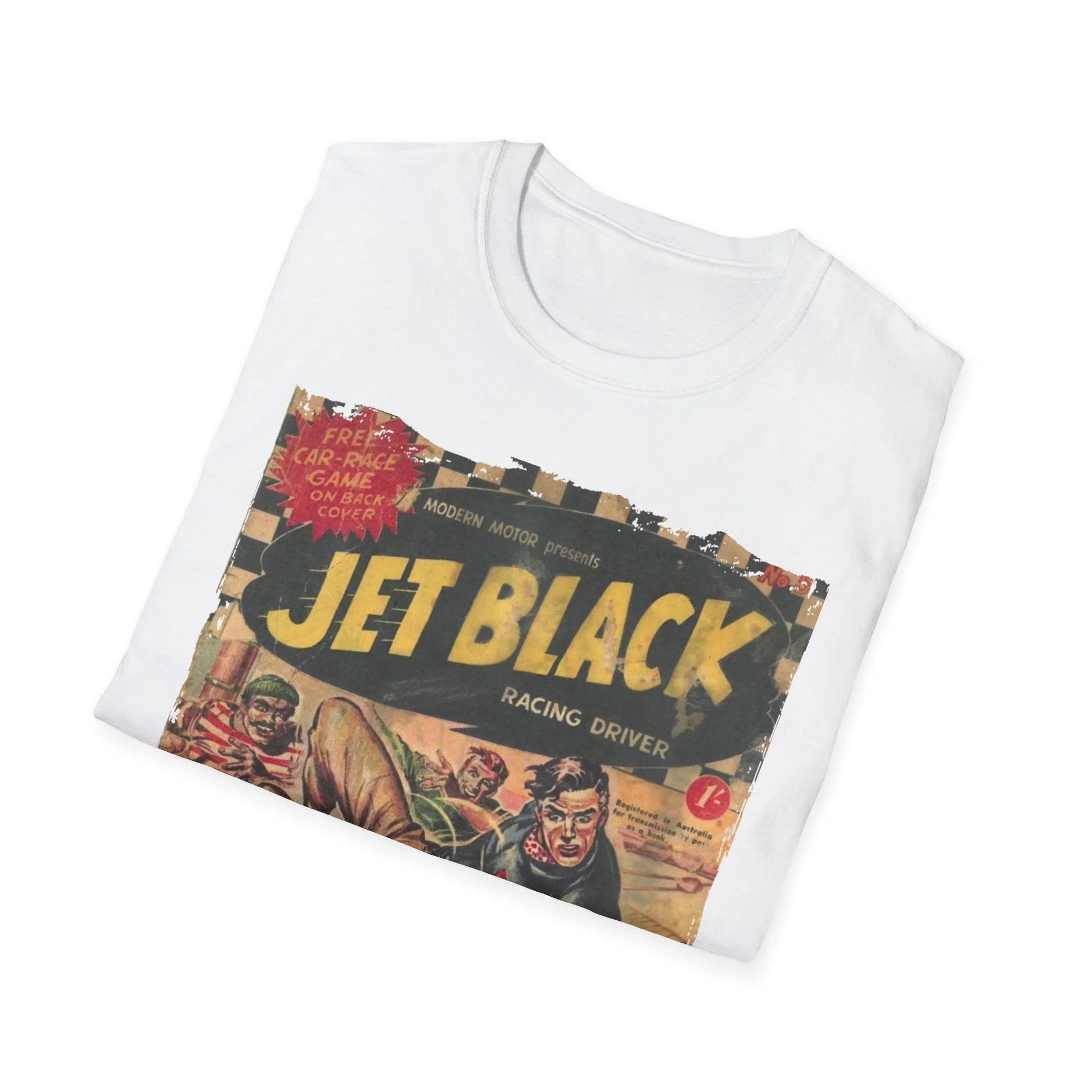 Close-up of the unisex softstyle T-shirt fabric showing smooth black jersey texture and subtle stitching details around the