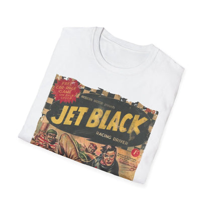 Close-up of the unisex softstyle T-shirt fabric showing smooth black jersey texture and subtle stitching details around the