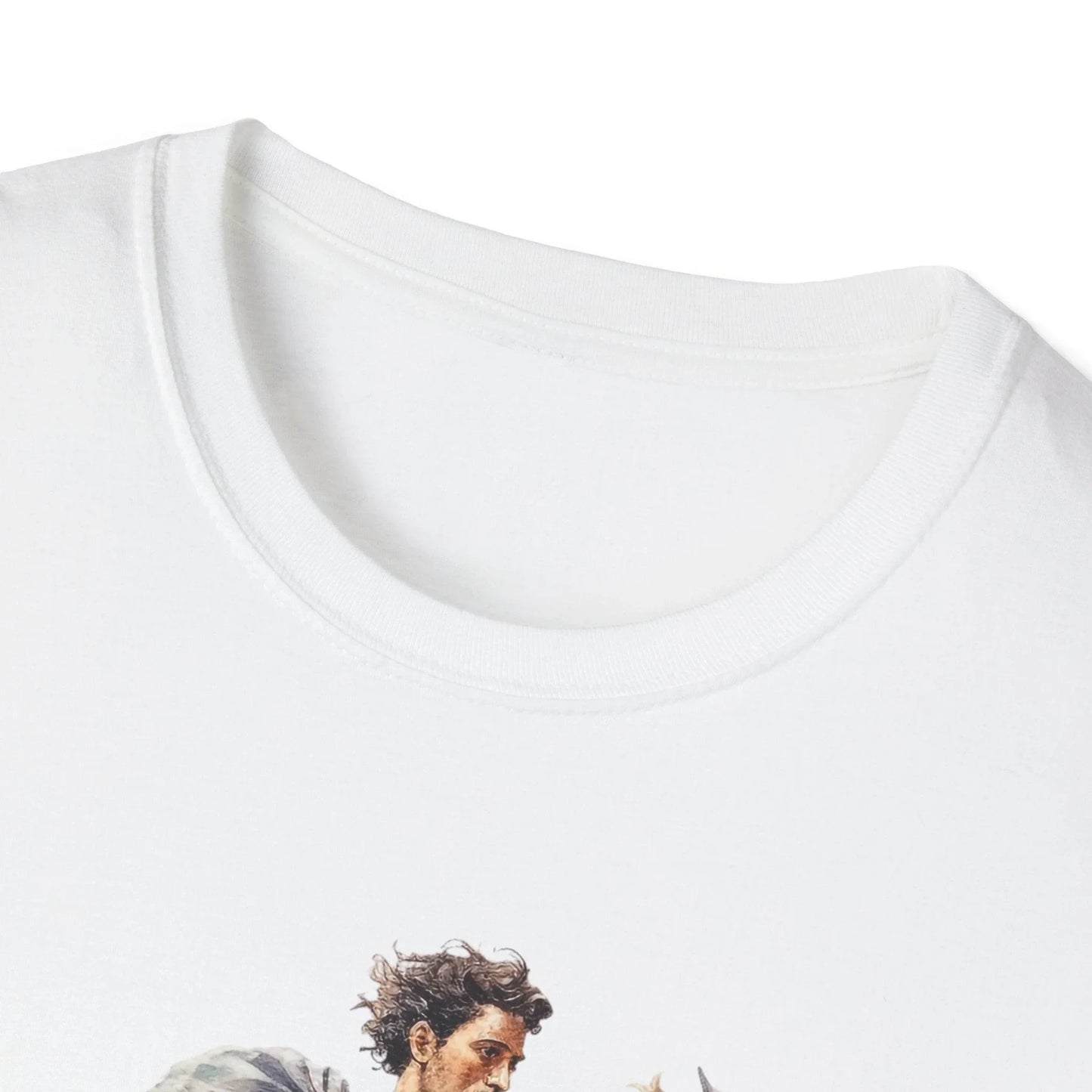 Diagonal close-up of the unisex softstyle T-Shirt's relaxed fit, revealing vibrant ancient warrior artwork on the chest in