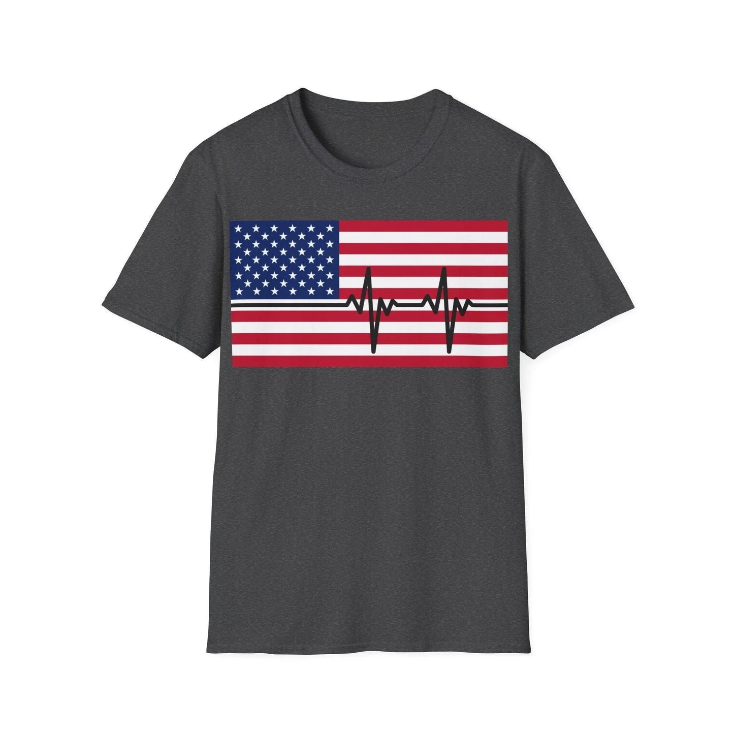 Close-up of the unisex softstyle fabric showing the vibrant American Flag Heartbeat print on the chest, emphasizing the