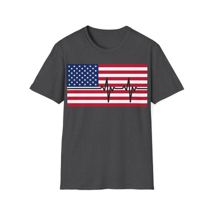 Close-up of the unisex softstyle fabric showing the vibrant American Flag Heartbeat print on the chest, emphasizing the