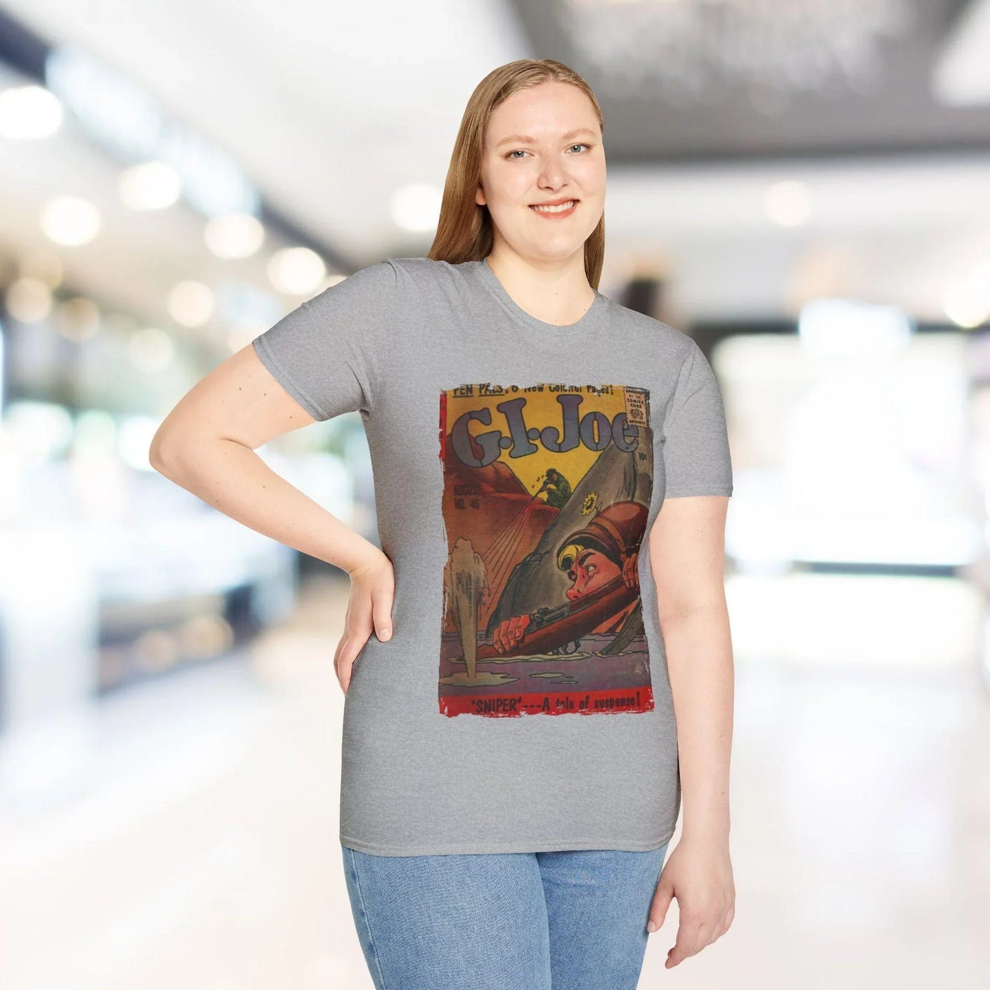 Close-up of the G.I. Joe No.46 softstyle T-shirt's interior neckline tag with bold black branding on smooth white fabric.