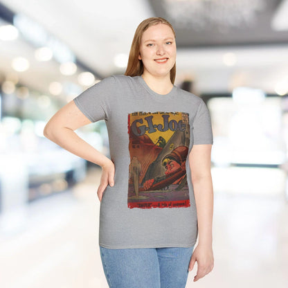 Close-up of the G.I. Joe No.46 softstyle T-shirt's interior neckline tag with bold black branding on smooth white fabric.