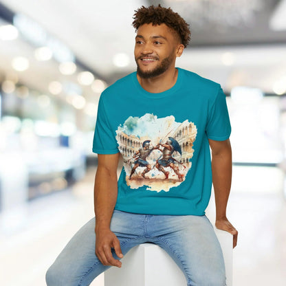 Close-up of the unisex softstyle T-shirt's vibrant ancient gladiators graphic, showcasing detailed line art on the chest area