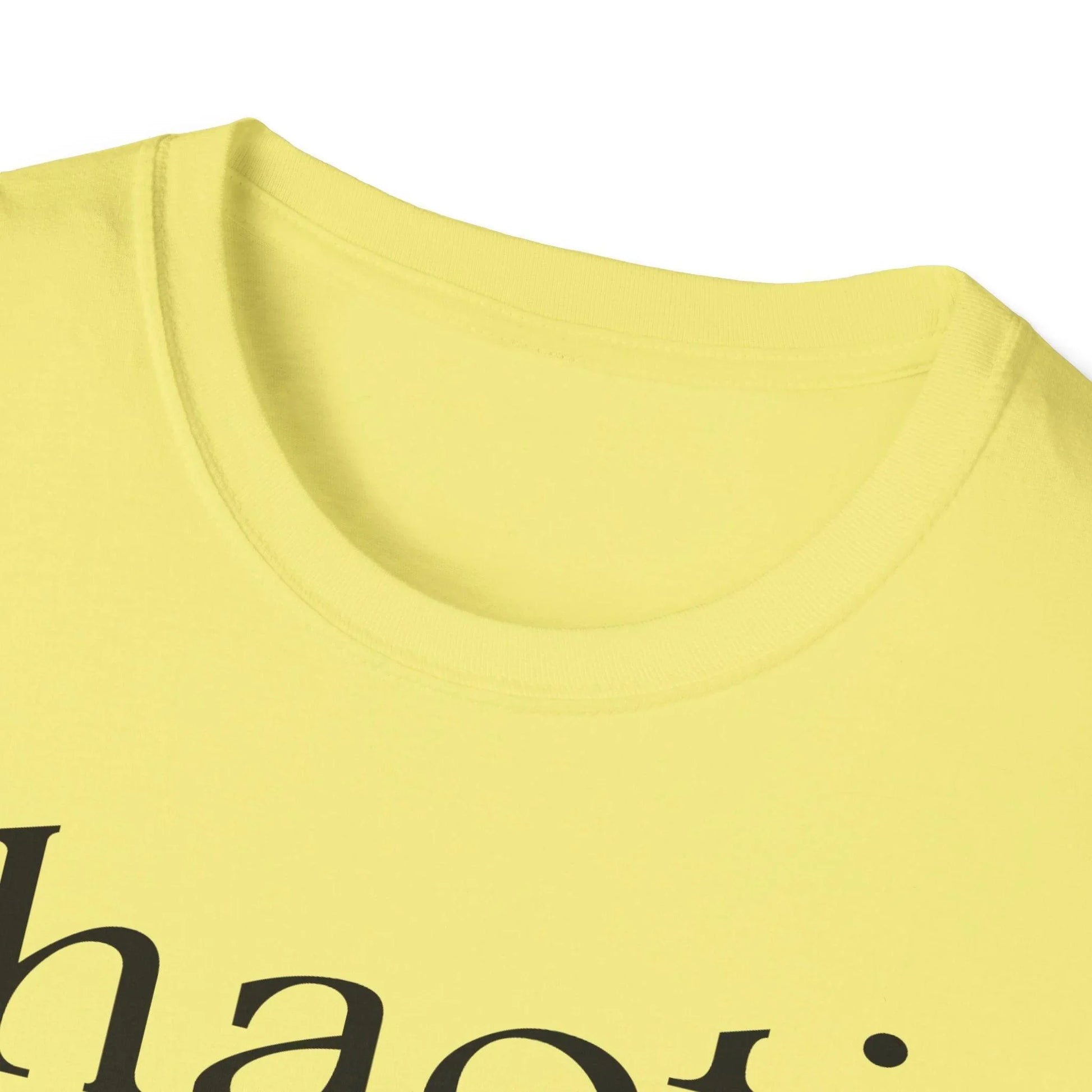 Close-up of black fabric collar with subtle stitched seam detail on the unisex softstyle T-shirt, highlighting smooth