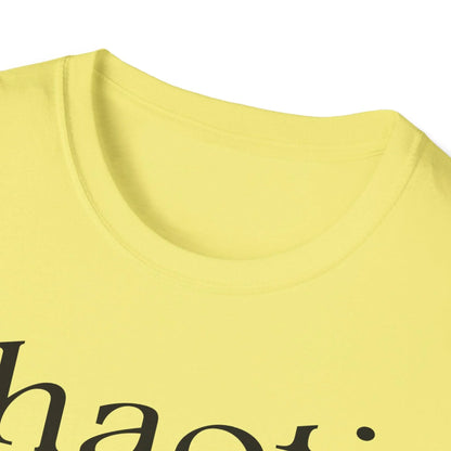 Close-up of black fabric collar with subtle stitched seam detail on the unisex softstyle T-shirt, highlighting smooth