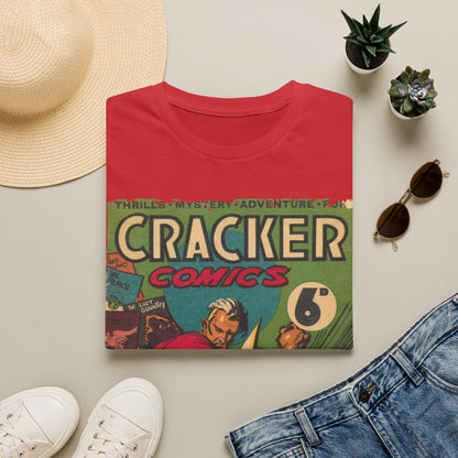 Close-up of the Cracker 1943 unisex softstyle T-shirt collar displaying the sewn neckline and contrasting stitching detail