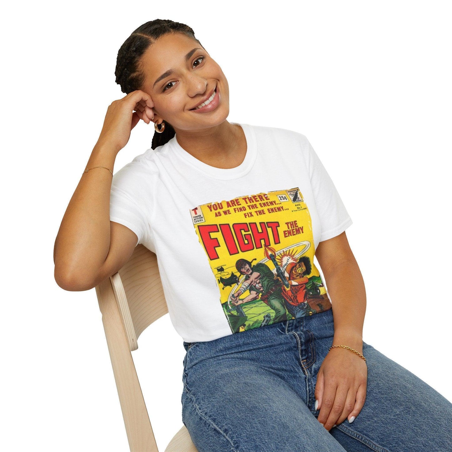 Close-up of the unisex softstyle fabric showing smooth, relaxed fit in charcoal gray with subtle stitching details at the