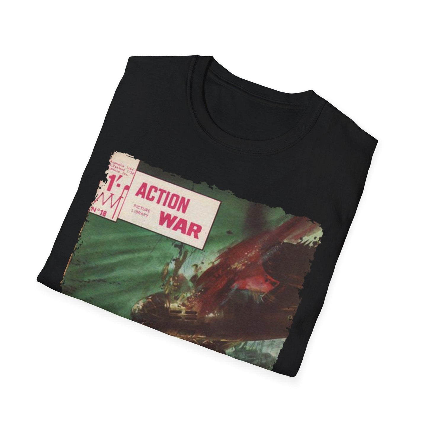 Close-up of the unisex softstyle T-shirt’s Regal Blue fabric collar with reinforced stitching and subtle branding tag at