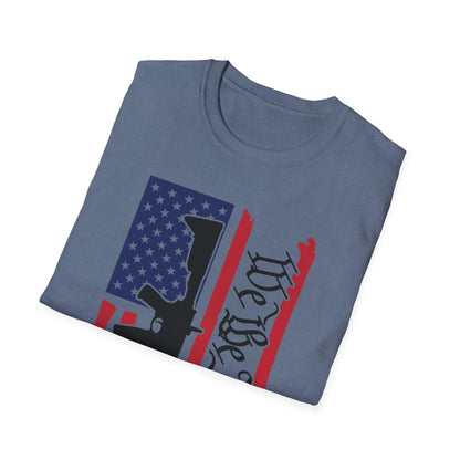 Close-up of distressed vertical American flag graphic on soft cotton fabric showing textured print details and vibrant