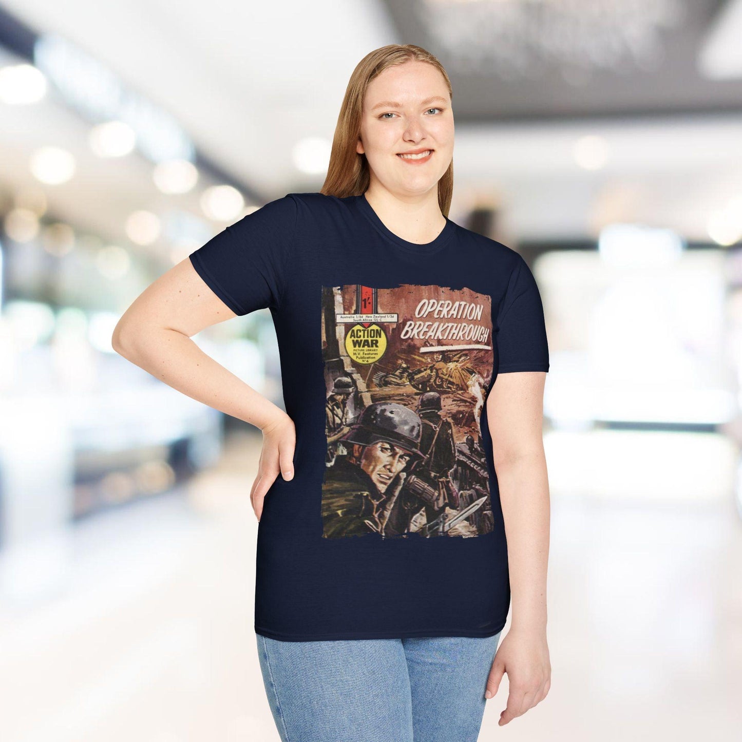 Close-up of the unisex softstyle T-shirt's smooth fabric texture in deep navy, highlighting the relaxed fit and crew