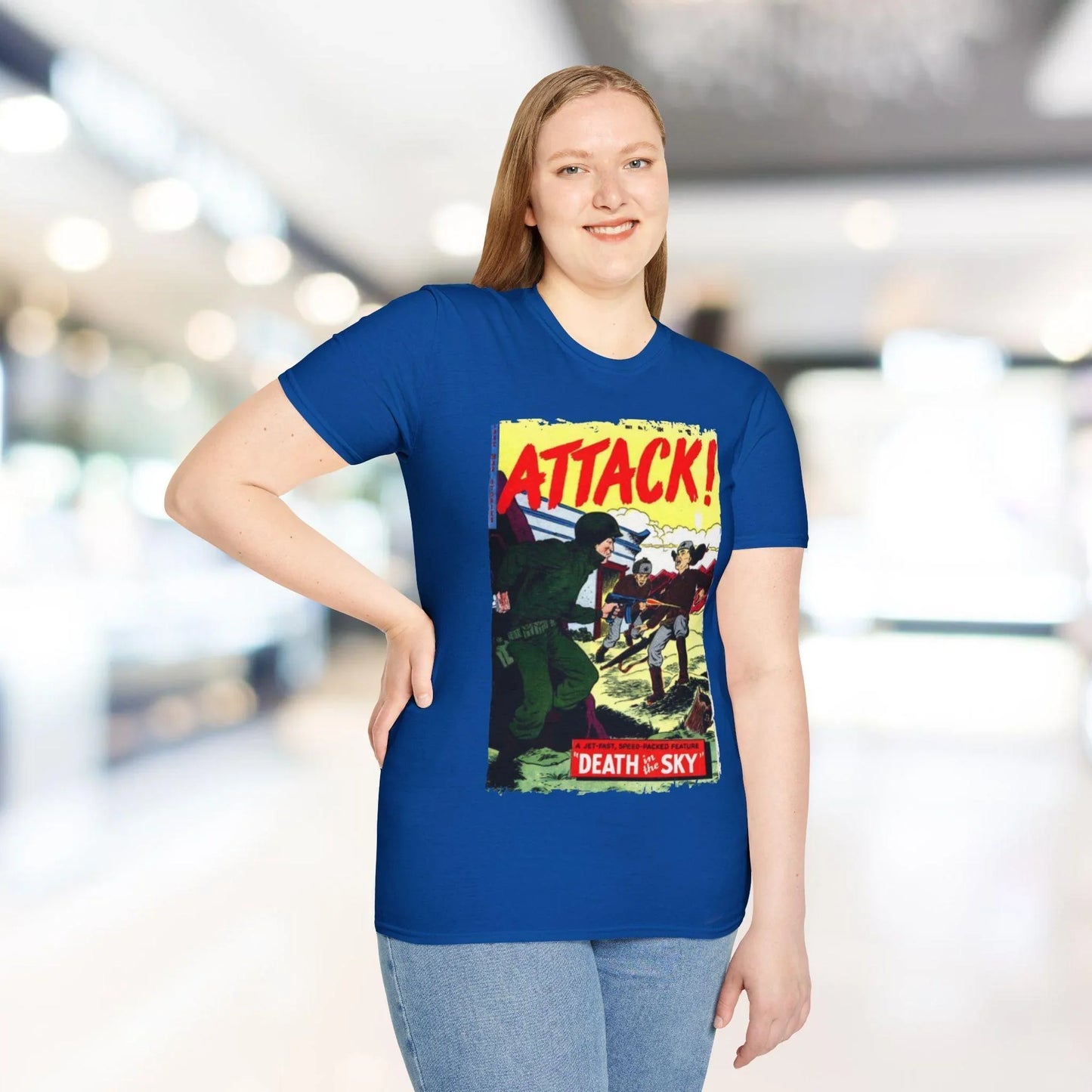 Close-up of the Attack! No. 7 unisex softstyle T-shirt’s relaxed fit with teal color, crew neckline, and subtle fabric