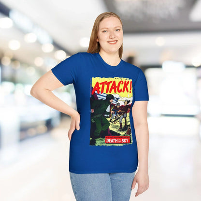 Close-up of the Attack! No. 7 unisex softstyle T-shirt’s relaxed fit with teal color, crew neckline, and subtle fabric