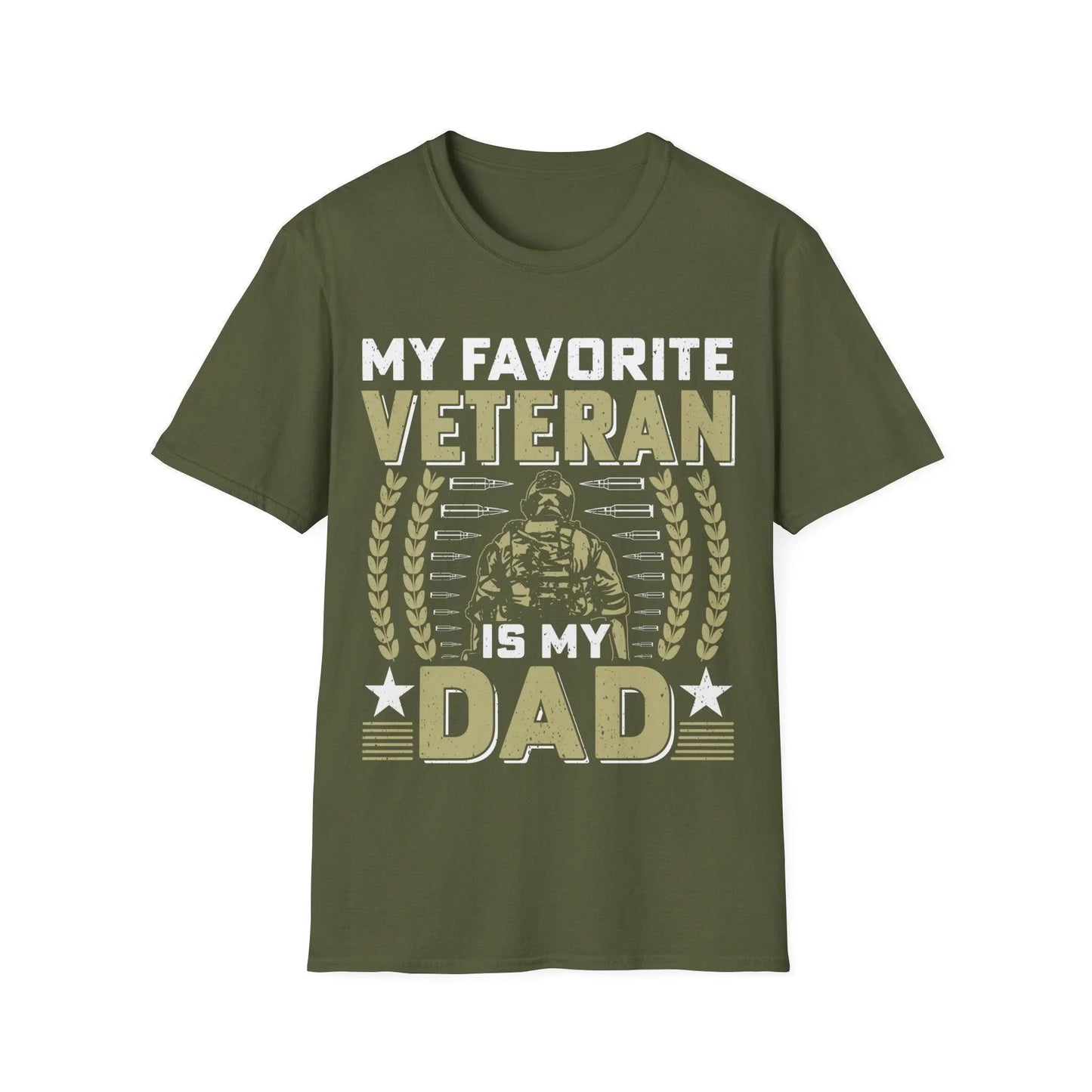 Front neckline detail highlighting the soft cotton fabric and reinforced stitching on the unisex "Favorite Veteran - Dad"