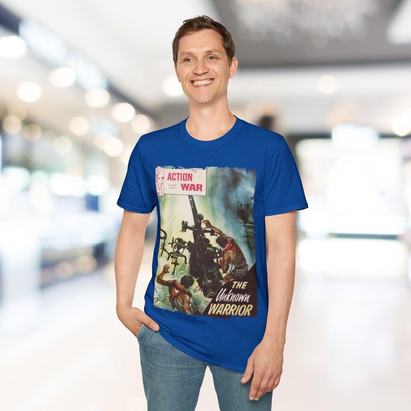 Close-up of the unisex softstyle T-shirt neckline showing smooth crew collar and subtle seam detailing in vibrant red fabric.