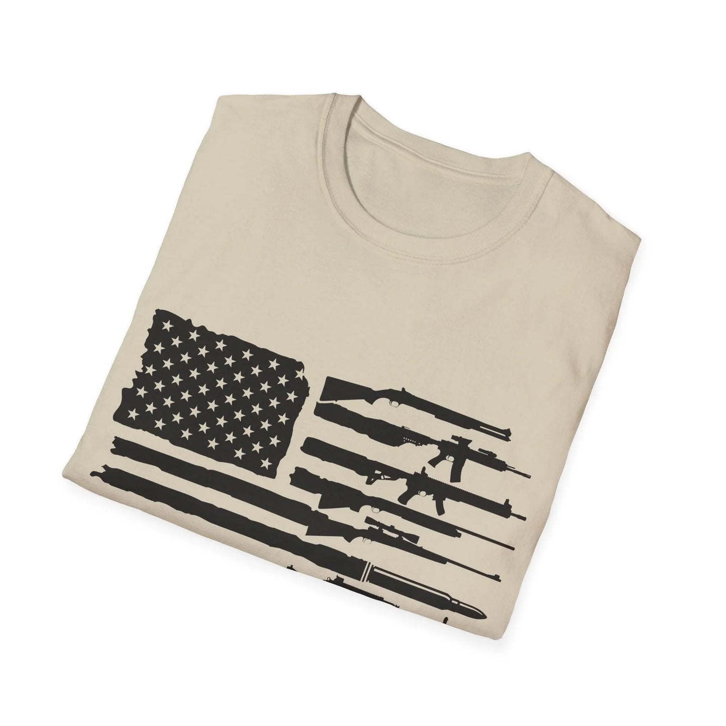 Close-up of the American Flag Guns B&W T-shirt's front neckline with visible stitching and soft cotton fabric texture.