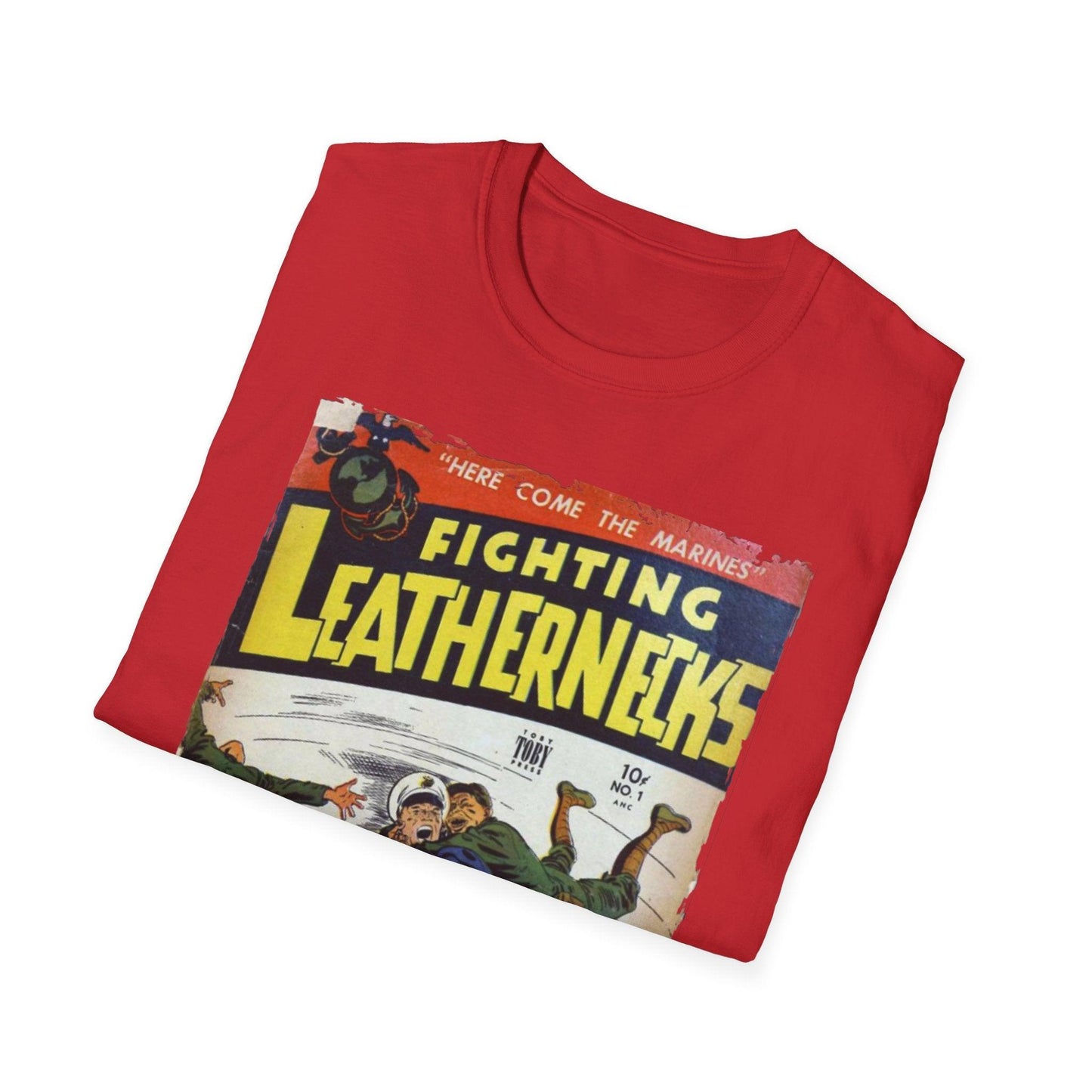 Front chest detail showing black screen-printed "Fighting Leathernecks #1" logo on relaxed navy cotton T-shirt with crew