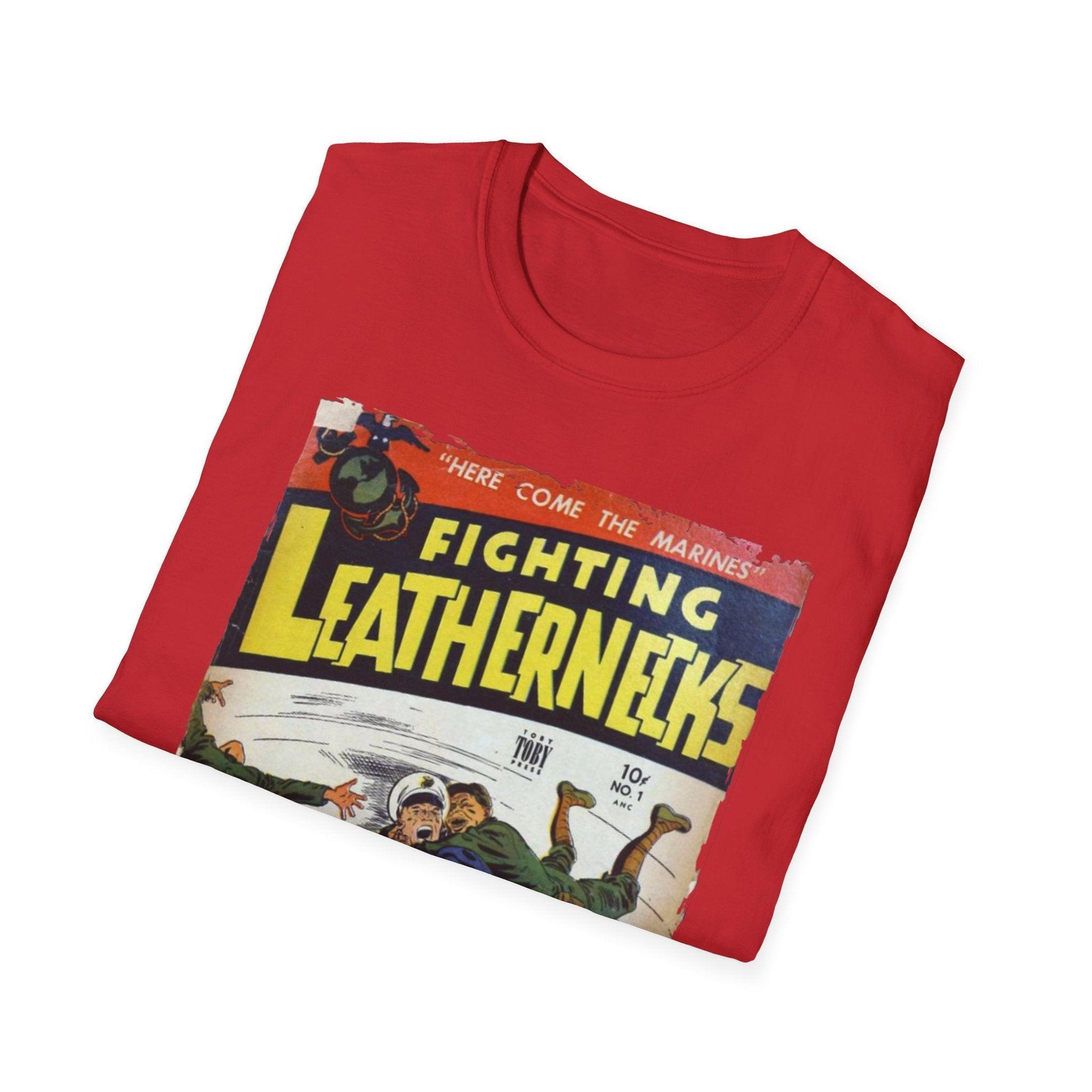 Front chest detail showing black screen-printed "Fighting Leathernecks #1" logo on relaxed navy cotton T-shirt with crew