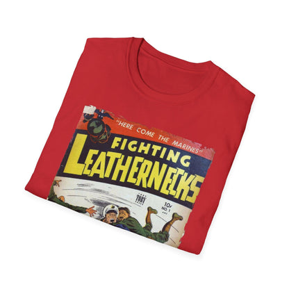 Front chest detail showing black screen-printed "Fighting Leathernecks #1" logo on relaxed navy cotton T-shirt with crew