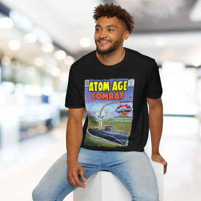 Close-up of the Atom-Age Combat No.2 T-shirt's cotton fabric texture and detailed neck tag on the front collar.