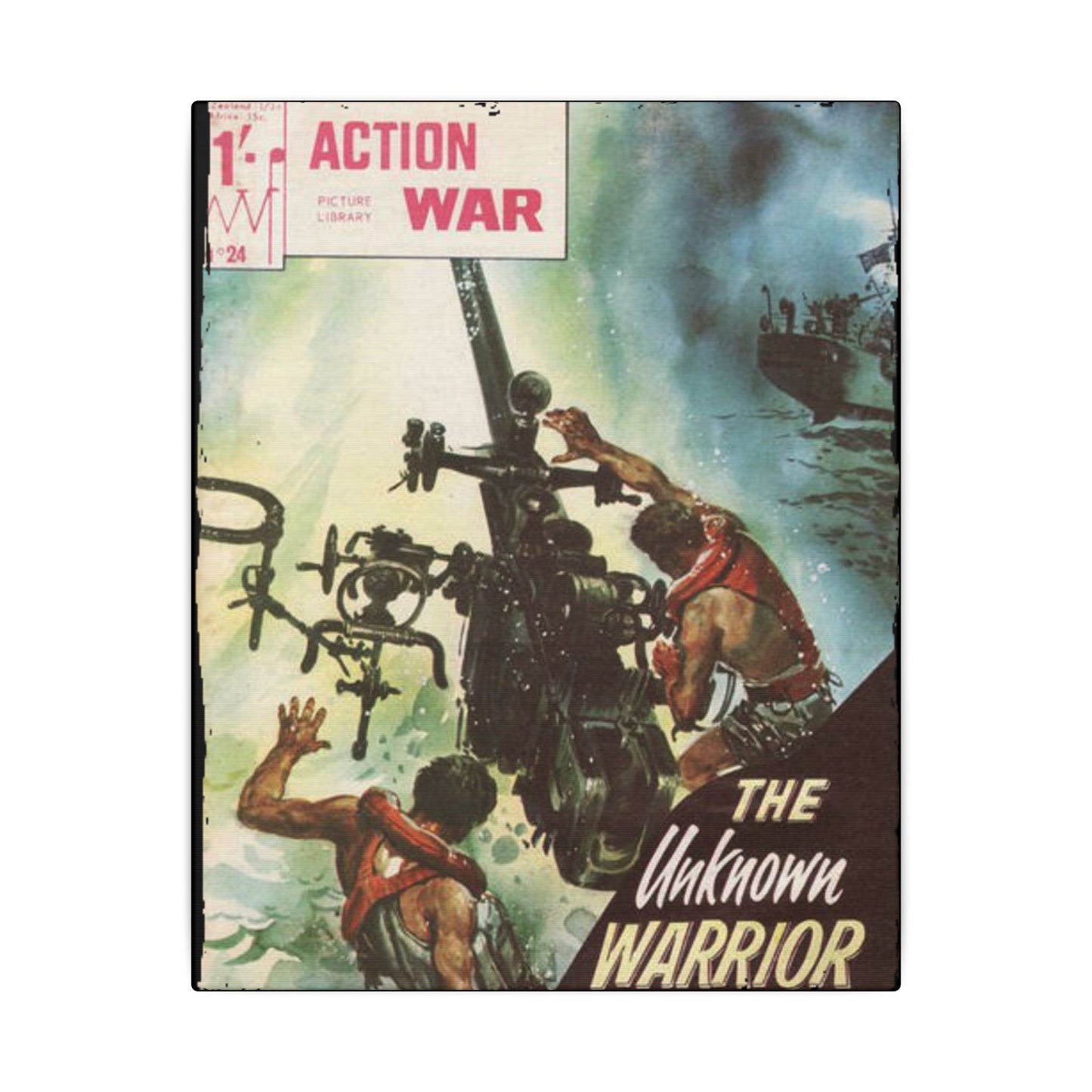 Close-up of printed "Action War #24" comic title on canvas edge, showcasing textured ink details and vibrant color contrast
