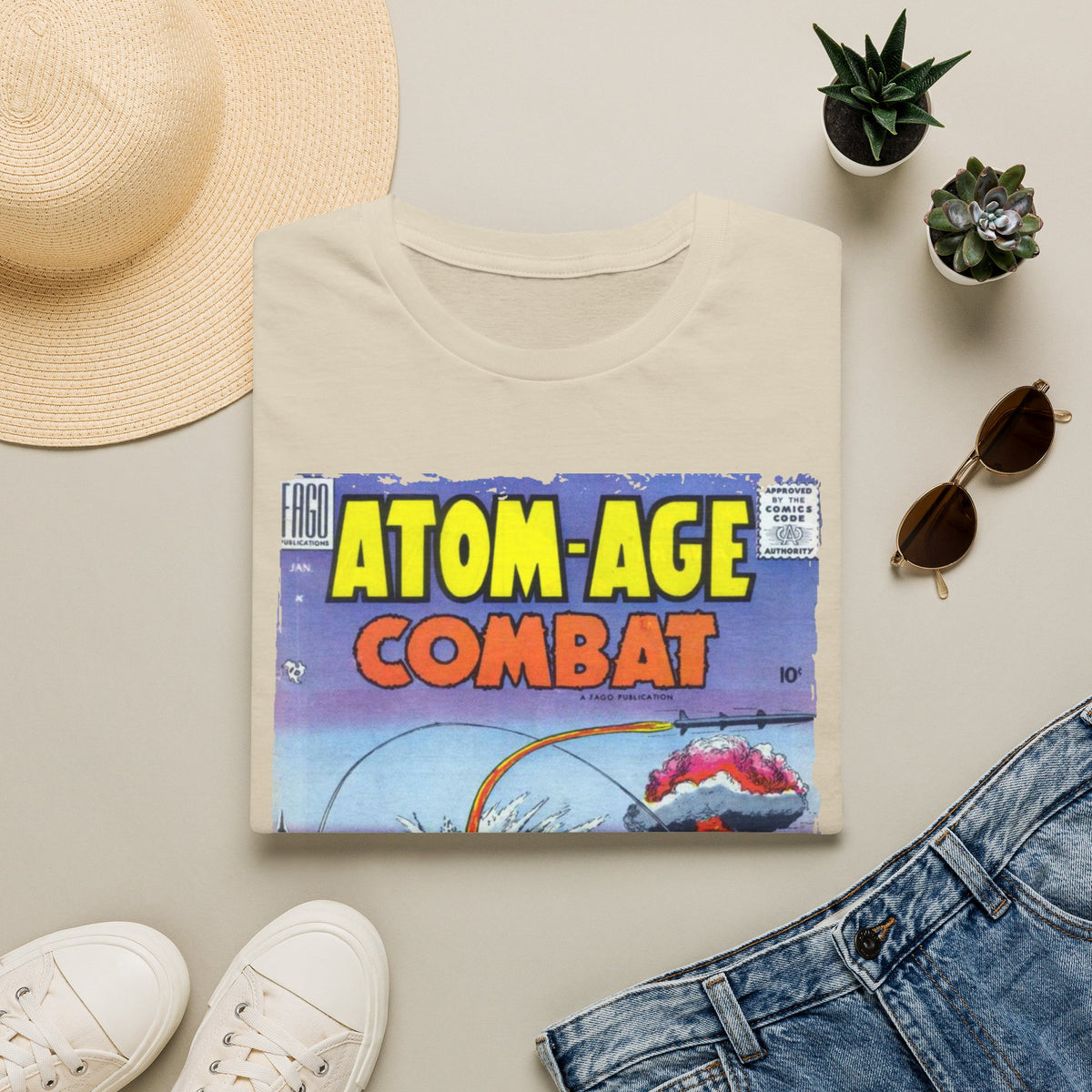 Close-up of the Atom-Age Combat No.2 unisex softstyle T-shirt’s fabric weave and vibrant black color from the front neckline
