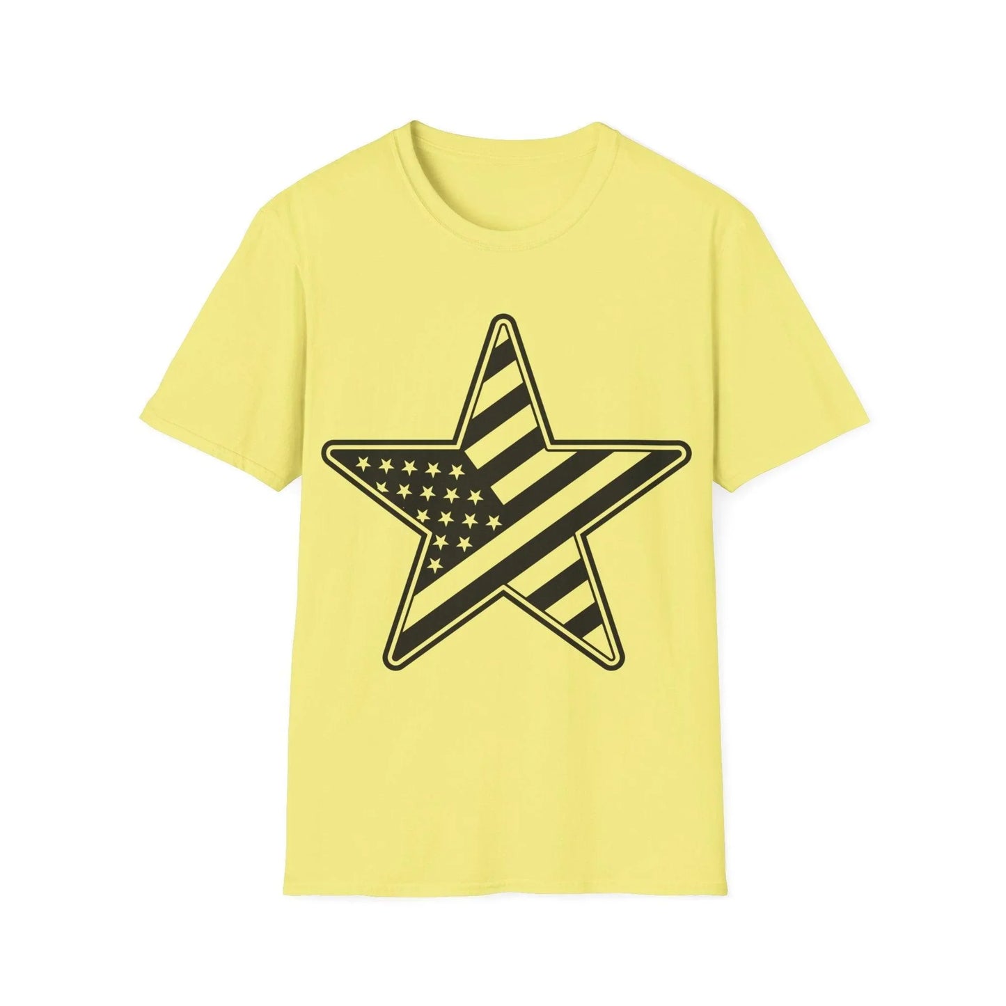 Close-up of the American Flag Star B&W T-Shirt's black and white star pattern on the front neckline, showcasing soft cotton