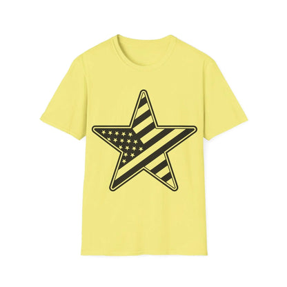 Close-up of the American Flag Star B&W T-Shirt's black and white star pattern on the front neckline, showcasing soft cotton