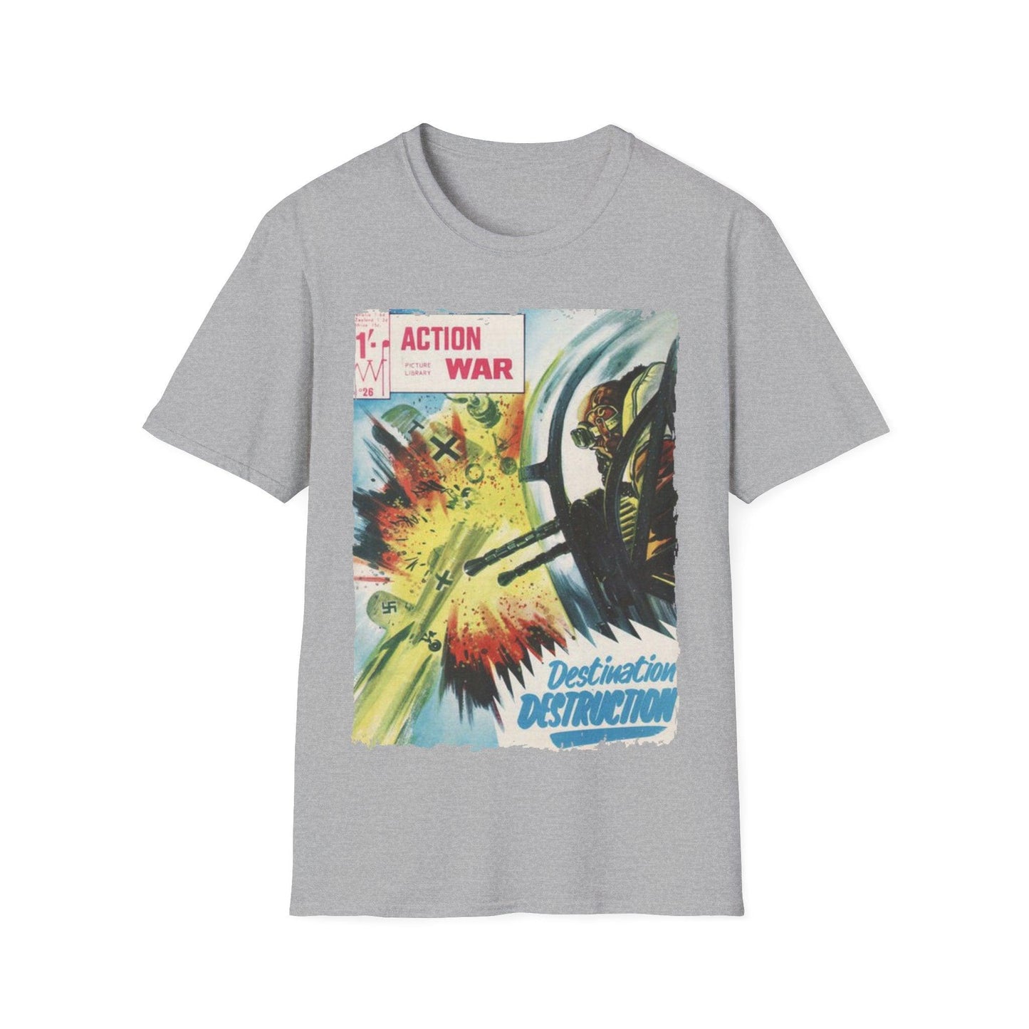 Close-up of the Action War #26 T-shirt’s relaxed fit neckline and soft cotton fabric in deep navy, showcasing subtle