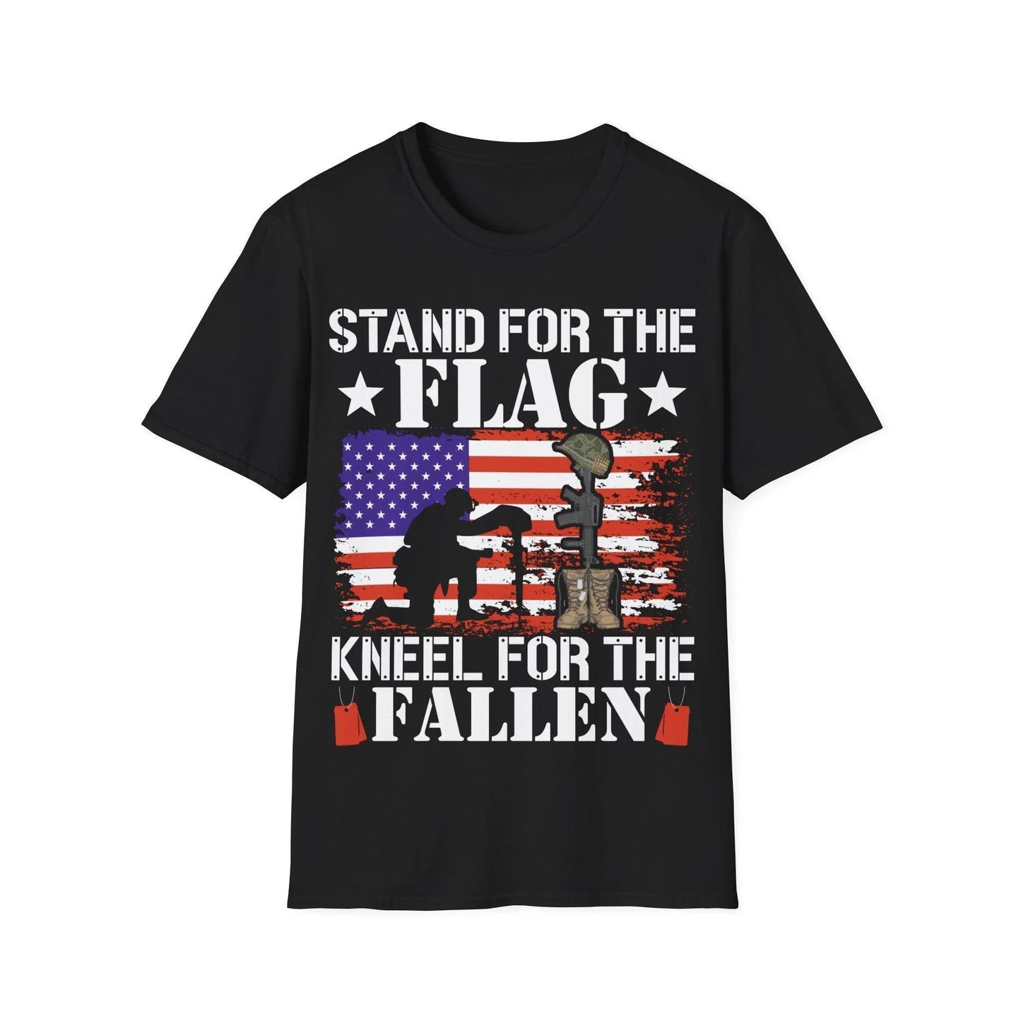 Printify unisex softstyle T-shirt featuring "Kneel For The Fallen" text, cotton fabric, crew neck, relaxed fit in black