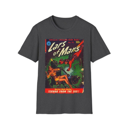 Close-up of the unisex soft cotton fabric with visible stitching and a relaxed fit neckline on the Lars of Mars 10 T-Shirt